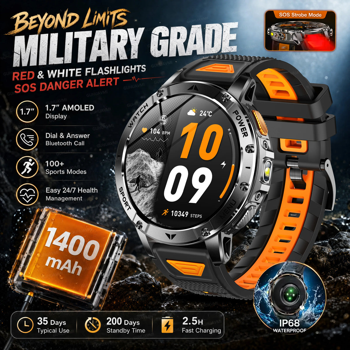 Montre connectée outdoor — 10 ATM annoncés, lampe LED et appels Bluetooth