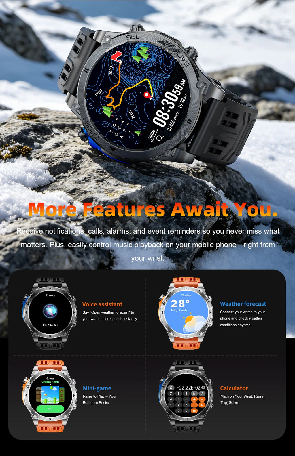 Montre connectée outdoor T‑RX4 — GPS, AMOLED et étanchéité 10 ATM annoncée