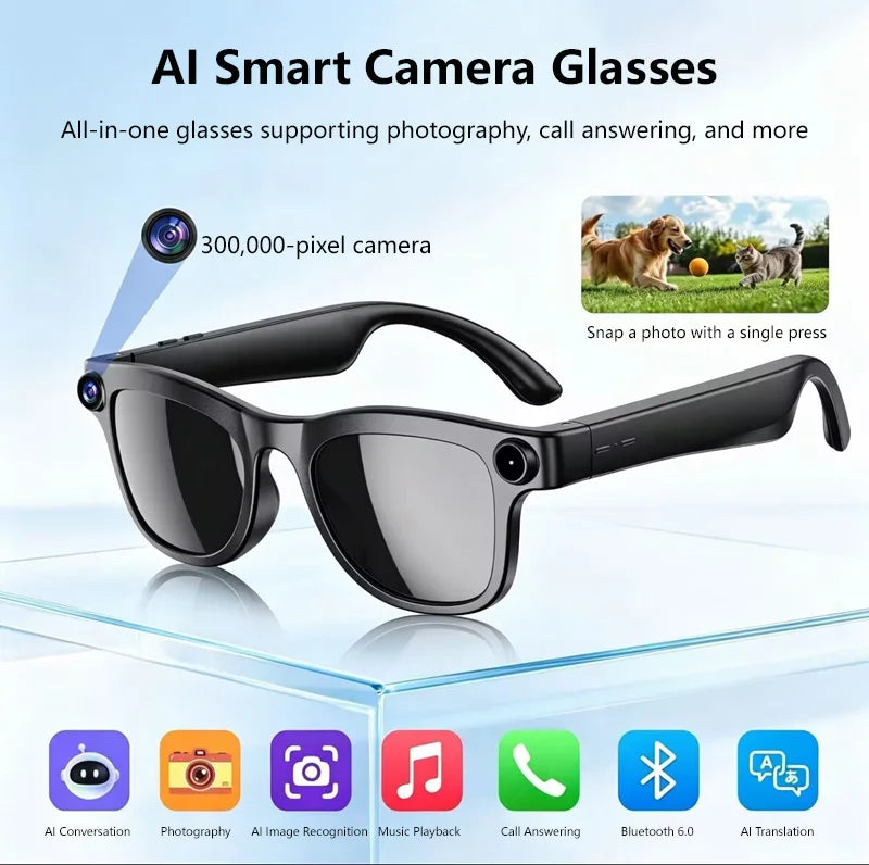 Lunettes connectées avec caméra 4K, audio Bluetooth et traduction — version 800W