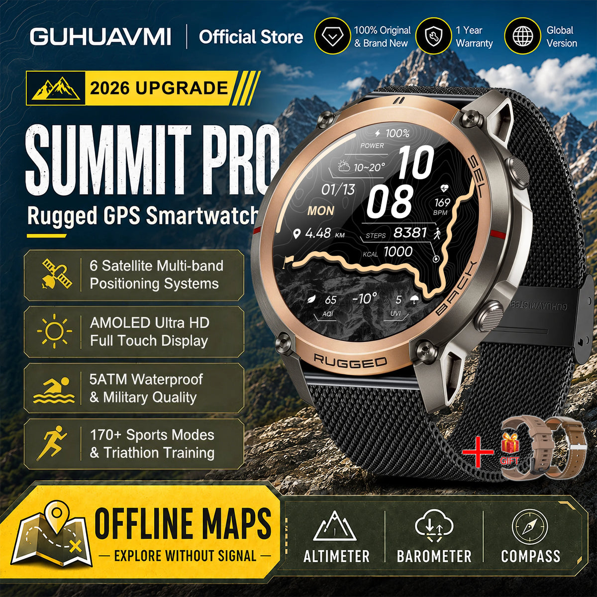 Montre connectée outdoor AMOLED — GPS, cartes hors ligne et 5 ATM annoncés