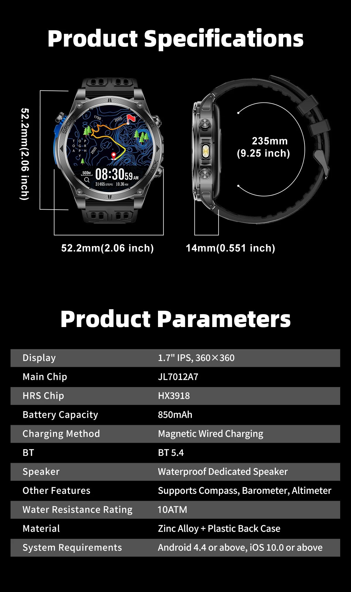 Montre connectée outdoor T‑RX4 — GPS, AMOLED et étanchéité 10 ATM annoncée