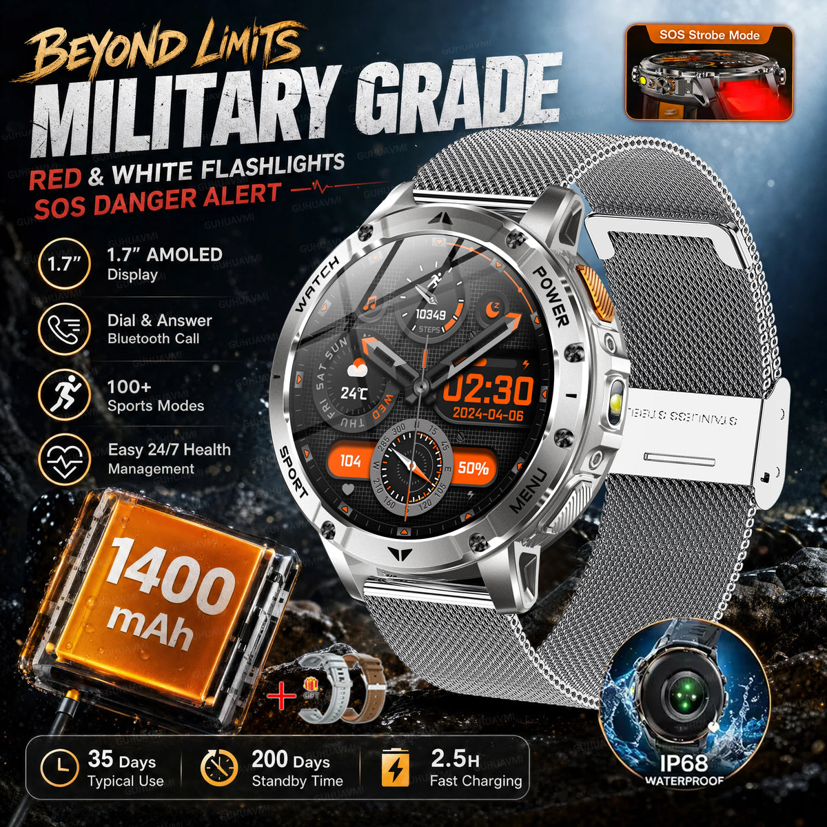 Montre connectée outdoor — 10 ATM annoncés, lampe LED et appels Bluetooth