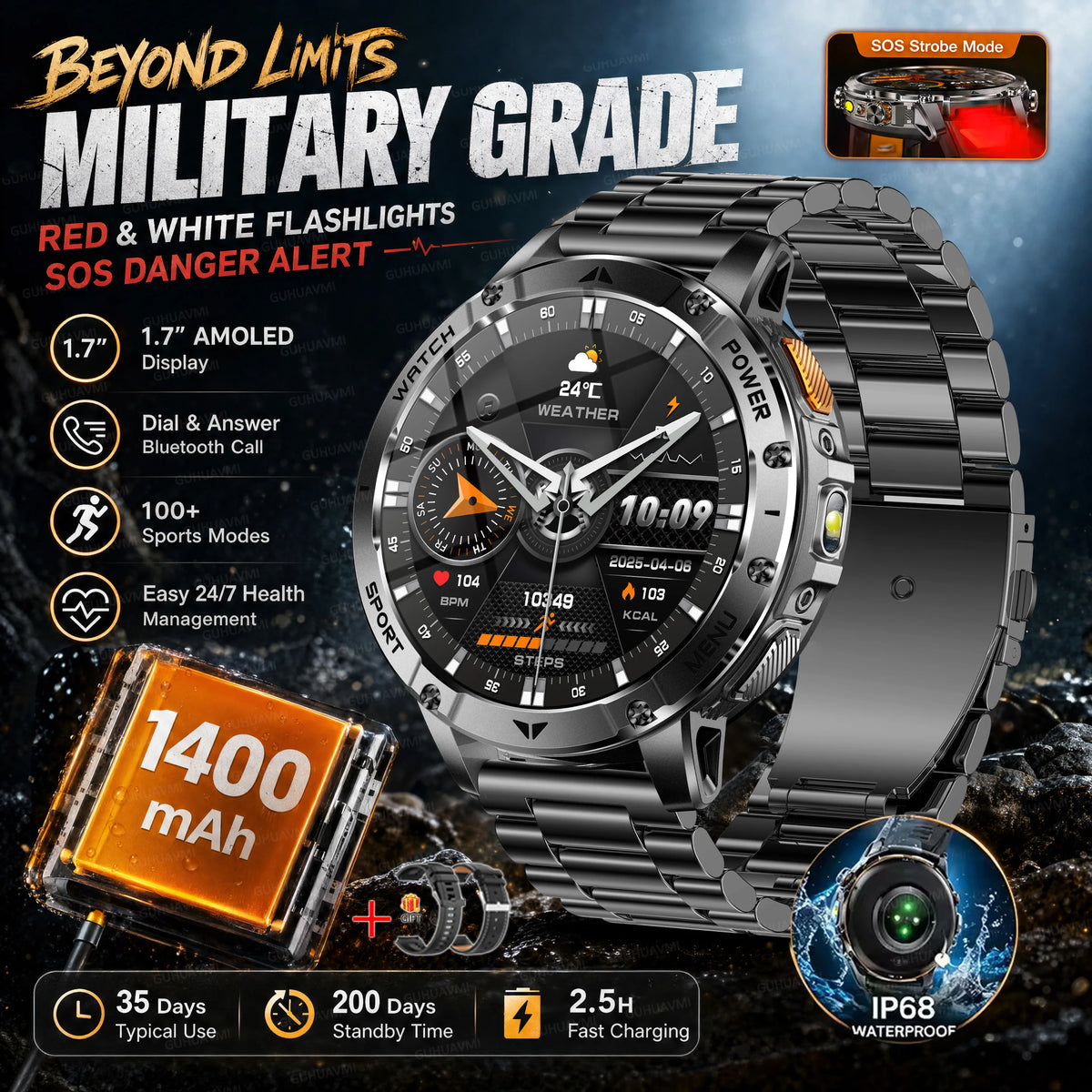 Montre connectée outdoor — 10 ATM annoncés, lampe LED et appels Bluetooth