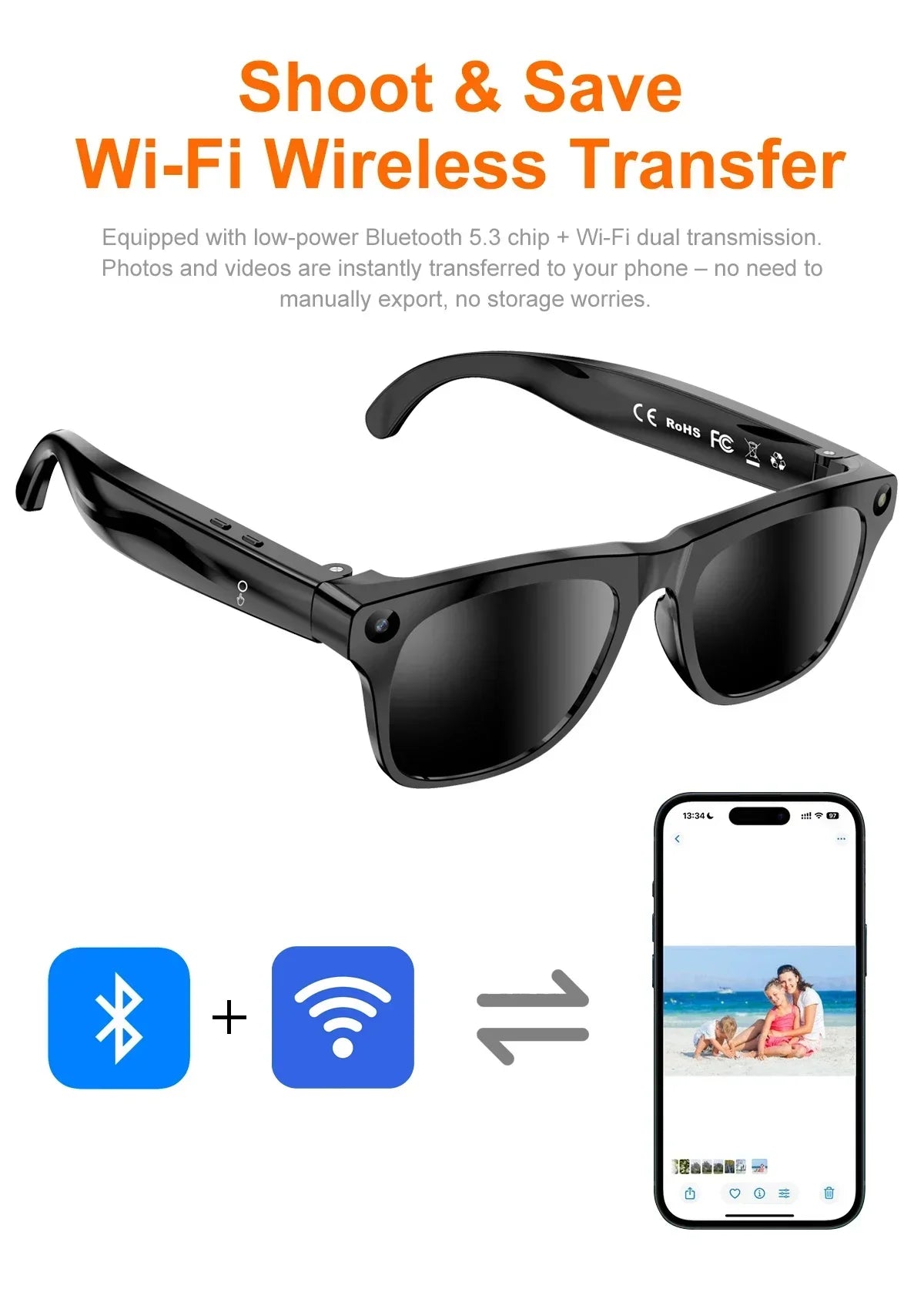 Lunettes connectées IA avec caméra, audio Bluetooth et traduction