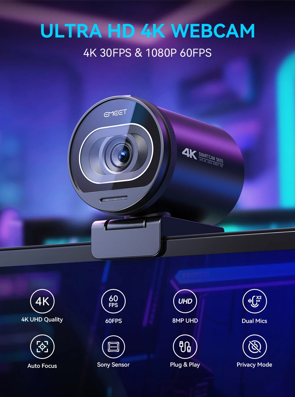 Webcam EMEET S600 4K — autofocus, capteur Sony et 60 i/s en 1080p annoncés
