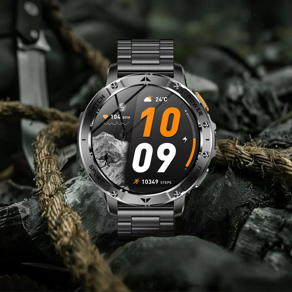 Montre connectée outdoor — 10 ATM annoncés, lampe LED et appels Bluetooth