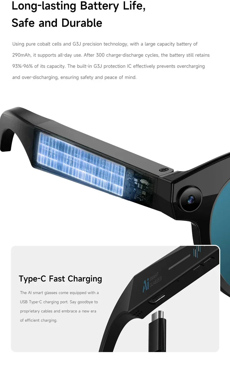Lunettes connectées IA avec caméra, audio Bluetooth et traduction