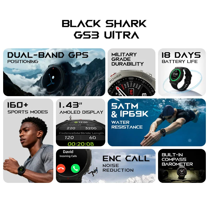 Montre connectée BlackShark GS3 Ultra — GPS double fréquence et 5 ATM
