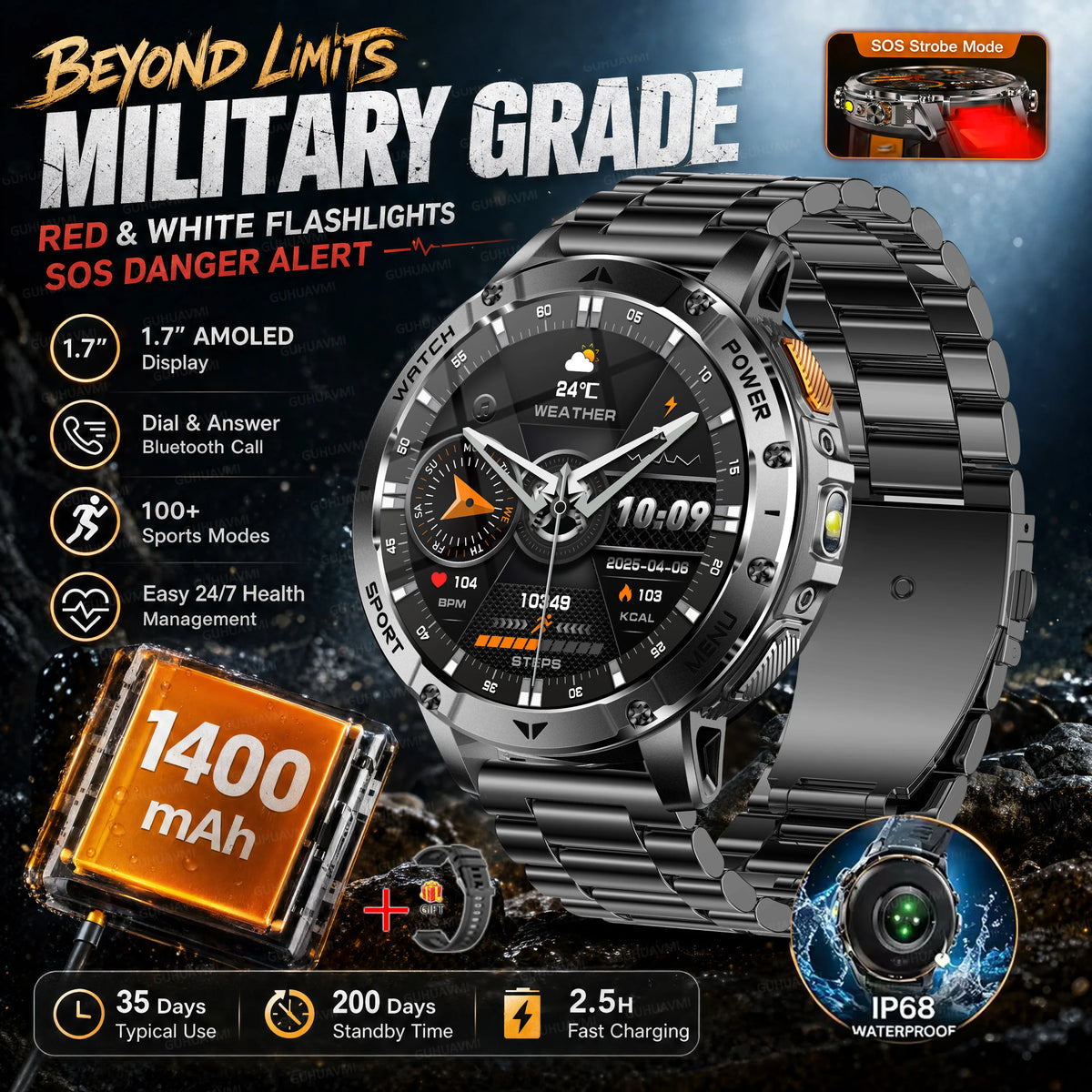 Montre connectée outdoor — 10 ATM annoncés, lampe LED et appels Bluetooth
