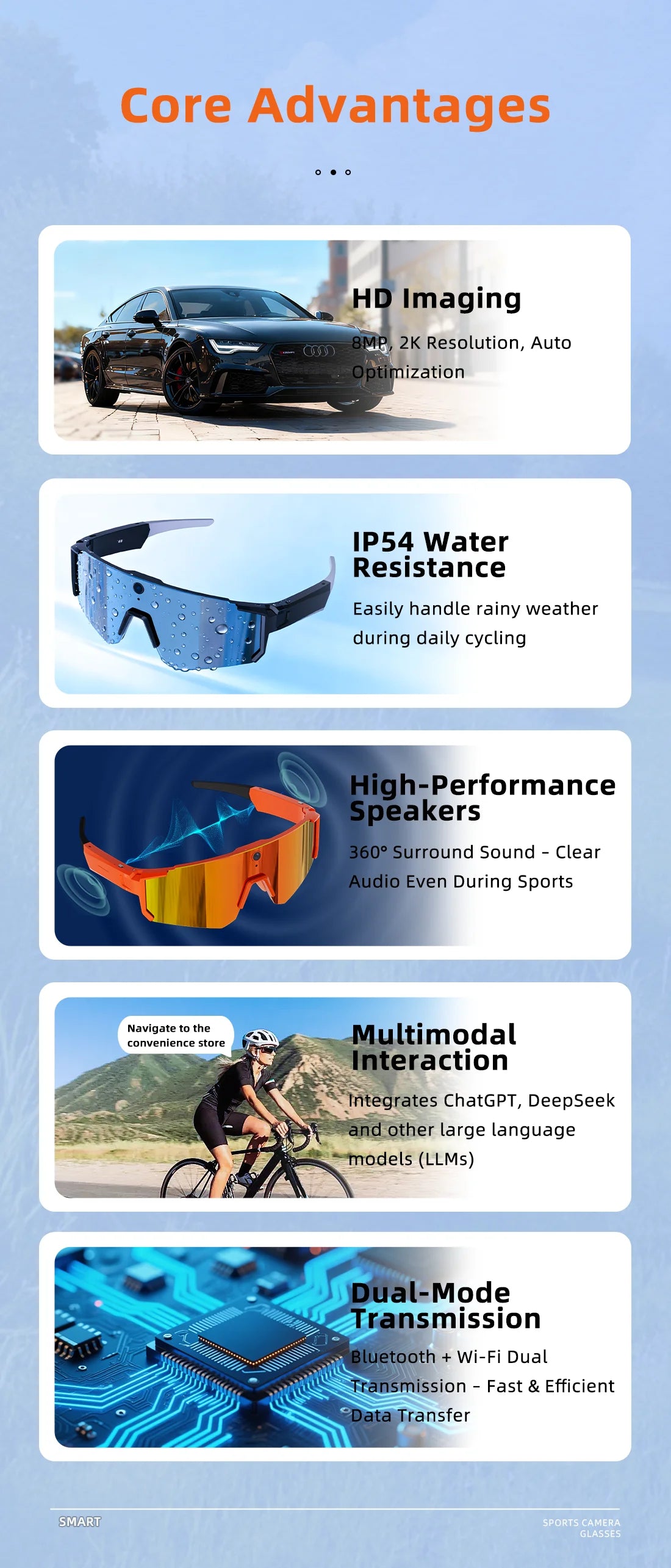 Lunettes connectées IA avec caméra, traduction et appels Bluetooth — version 800W
