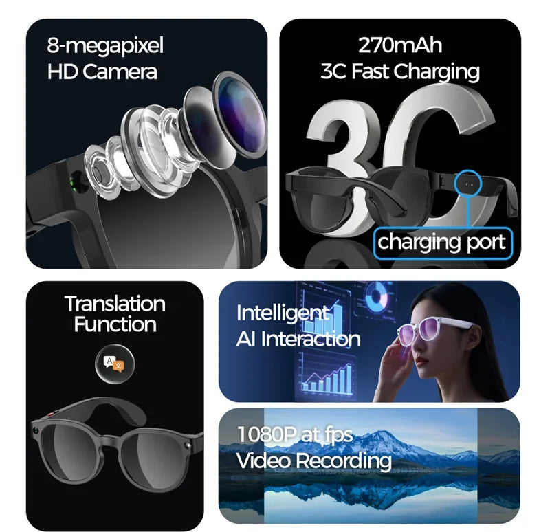 Lunettes connectées IA avec caméra, audio Bluetooth et traduction