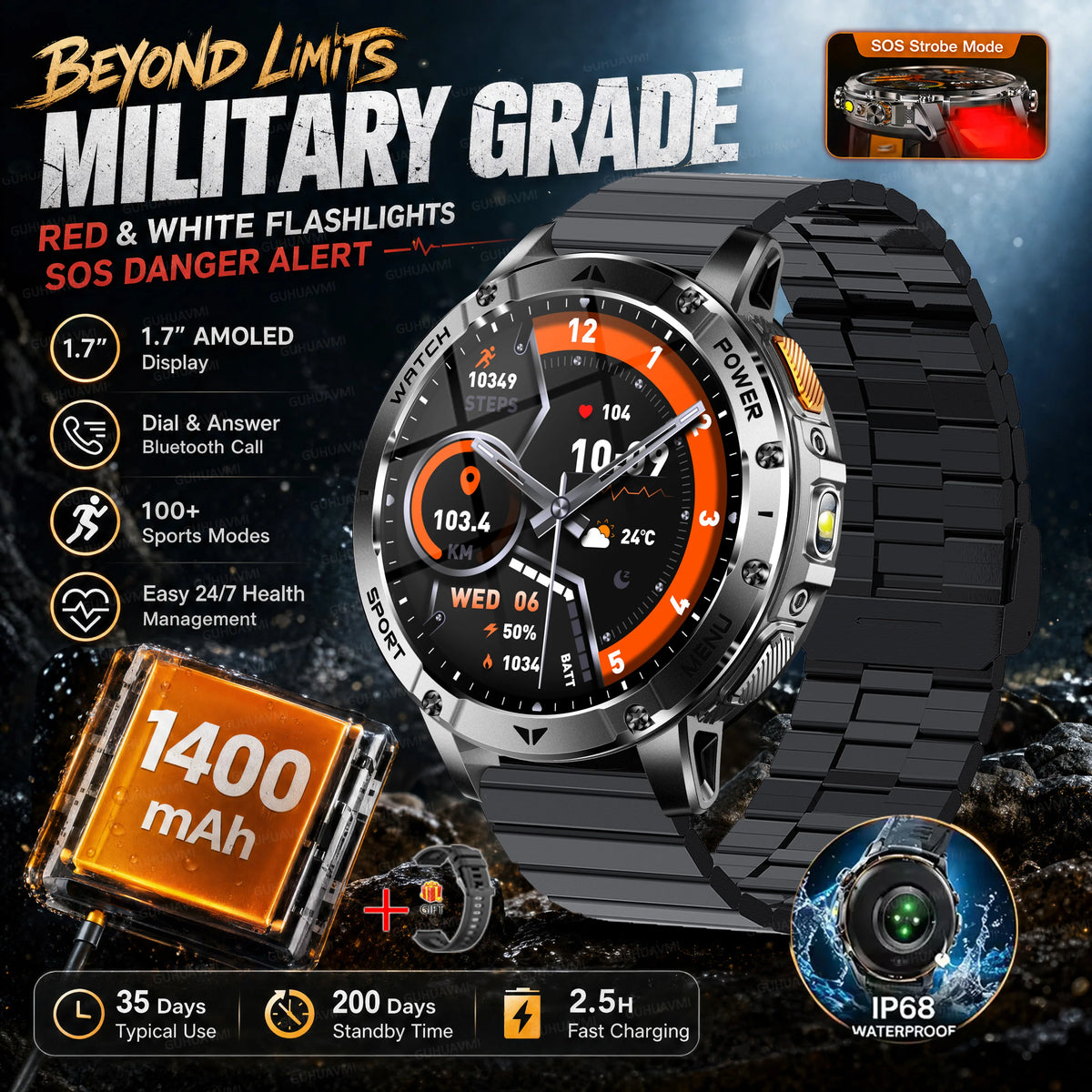 Montre connectée outdoor — 10 ATM annoncés, lampe LED et appels Bluetooth