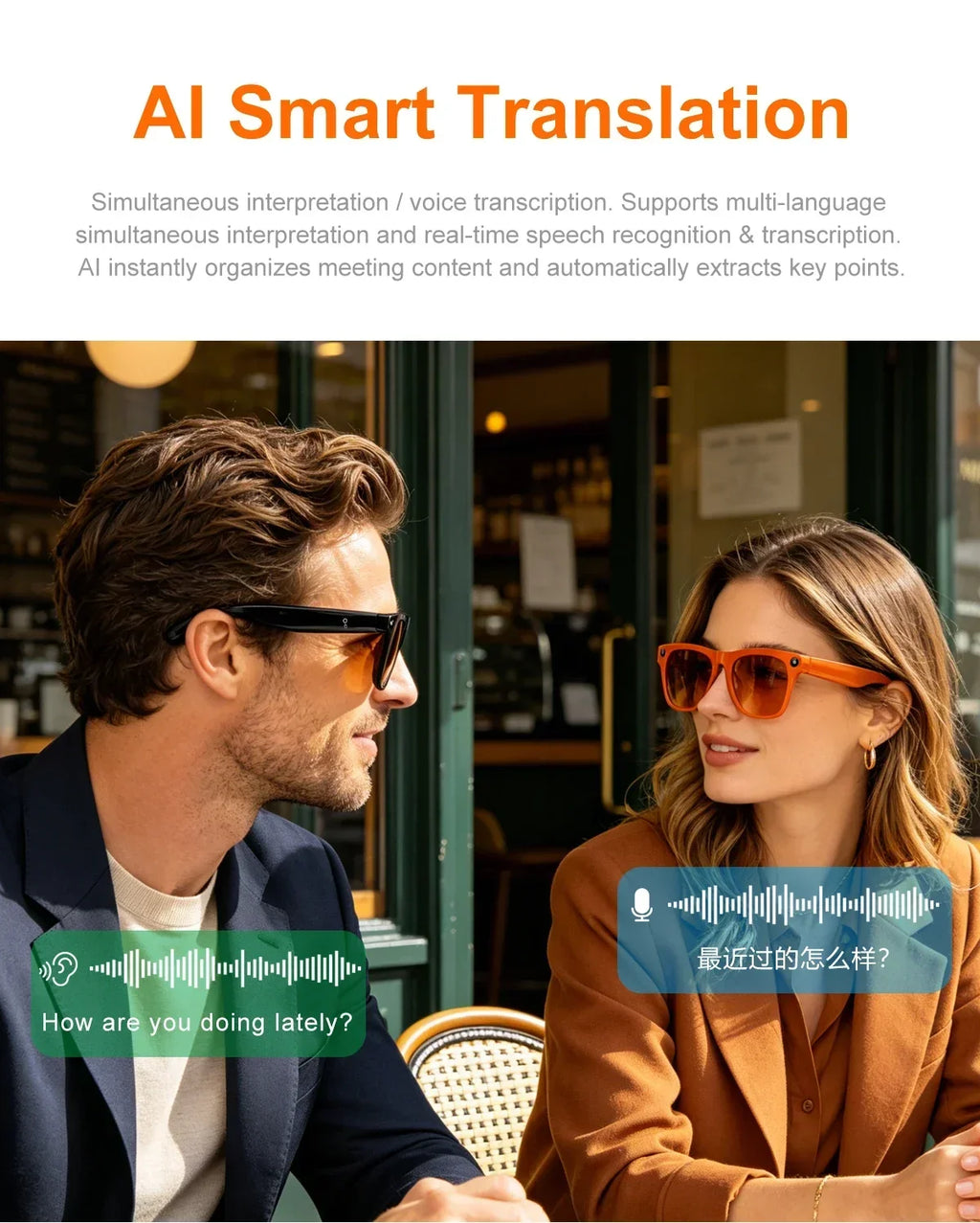 Lunettes connectées IA avec caméra, audio Bluetooth et traduction