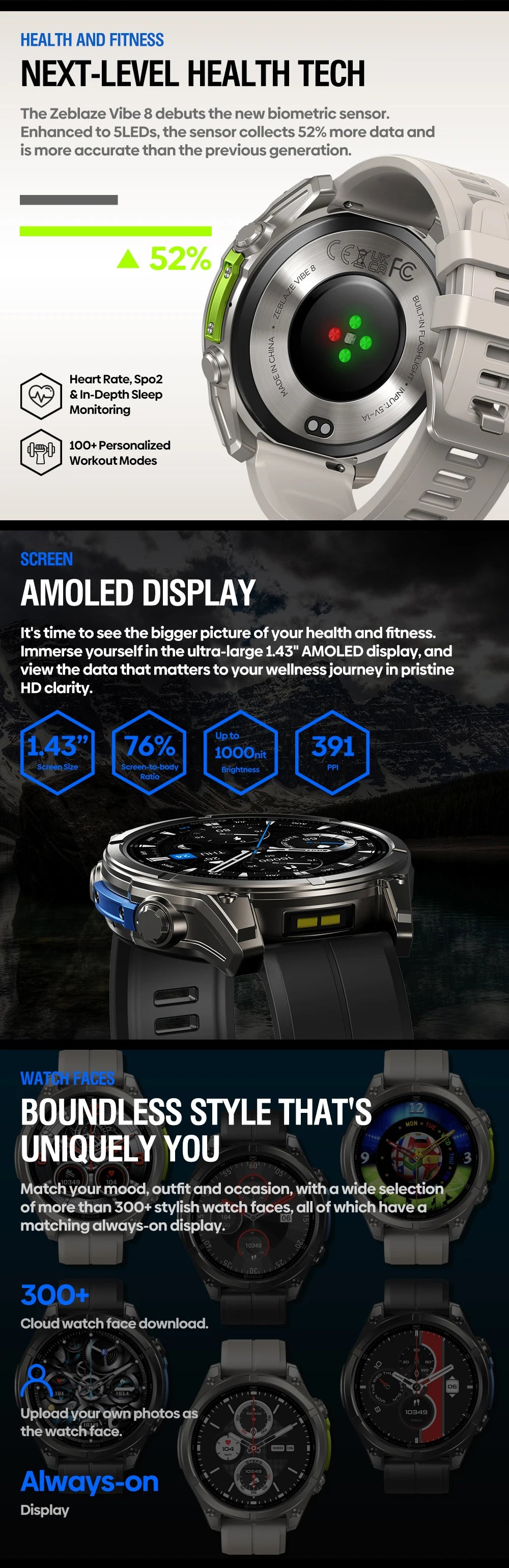 Montre connectée Zeblaze VIBE 8 — AMOLED, appels Bluetooth et lampe intégrée
