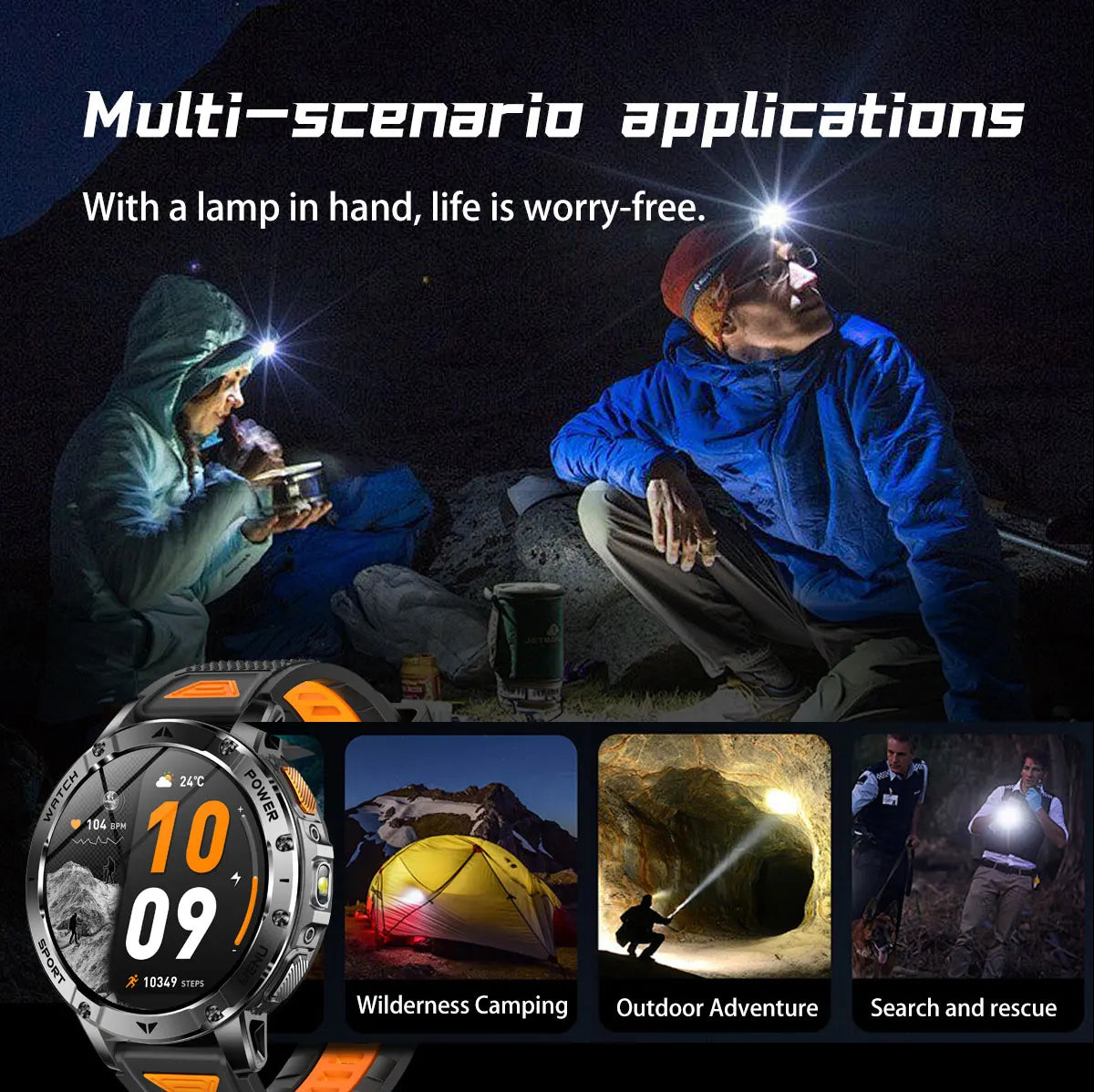 Montre connectée outdoor — 10 ATM annoncés, lampe LED et appels Bluetooth