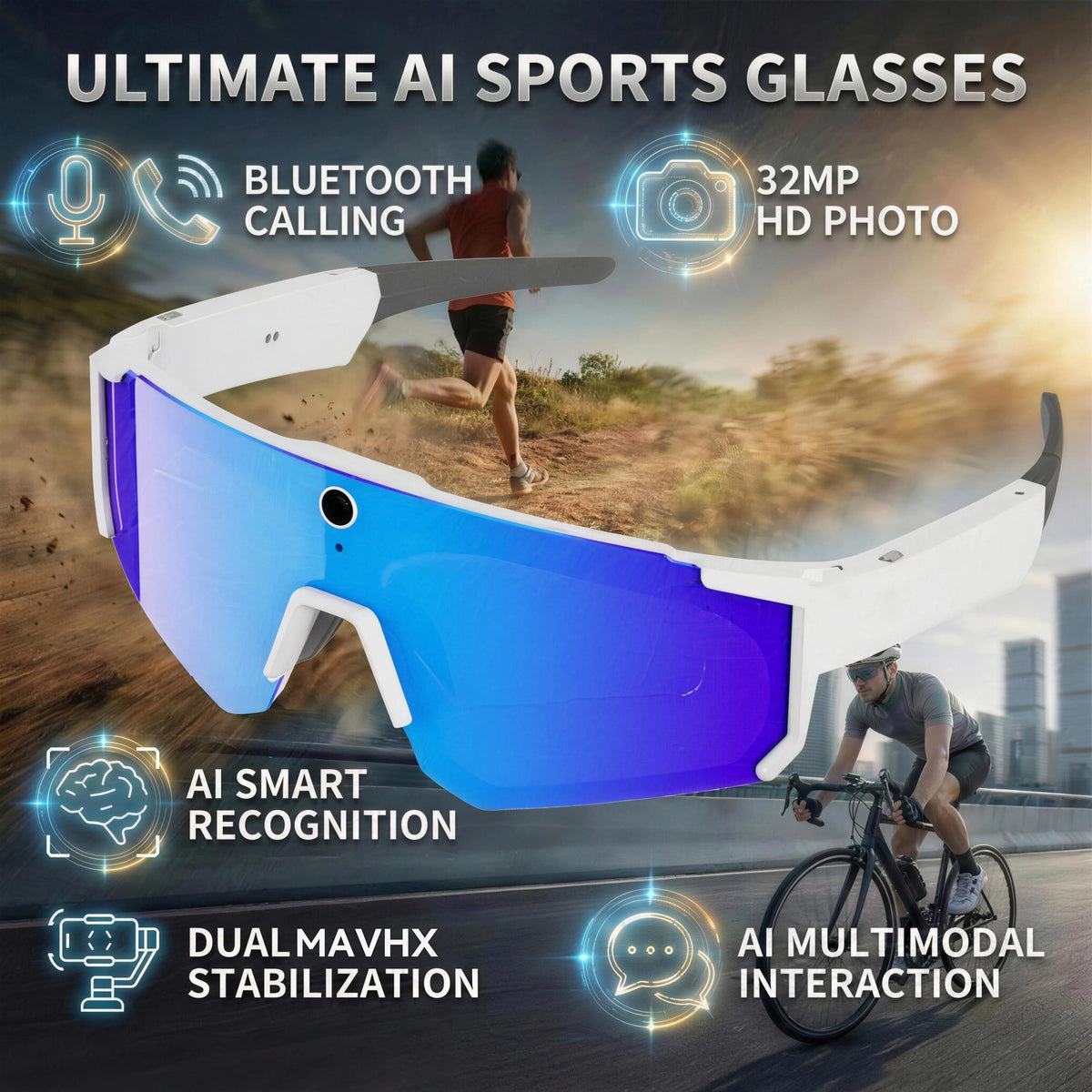 Lunettes connectées IA avec caméra, traduction et appels Bluetooth — version 800W