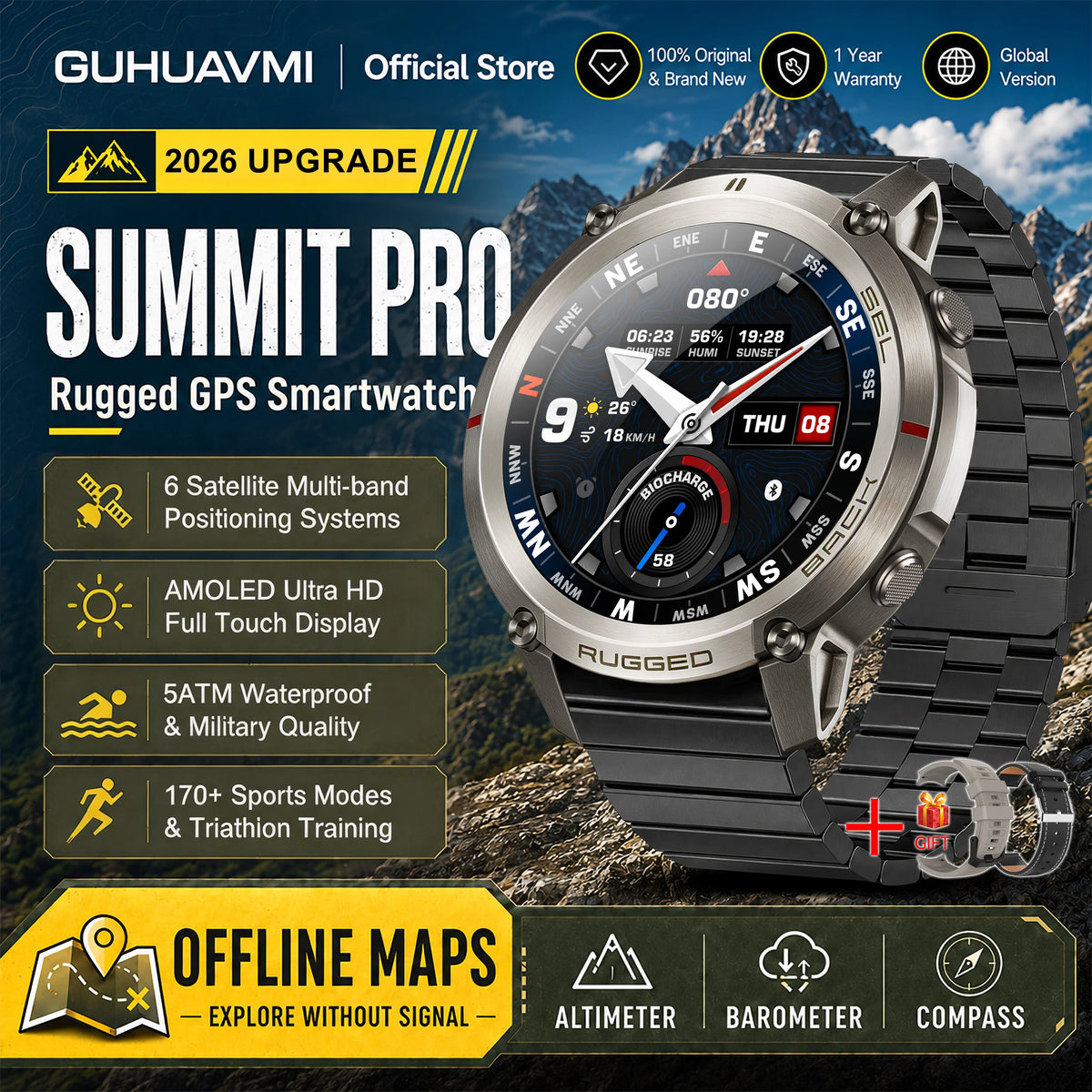 Montre connectée outdoor AMOLED — GPS, cartes hors ligne et 5 ATM annoncés
