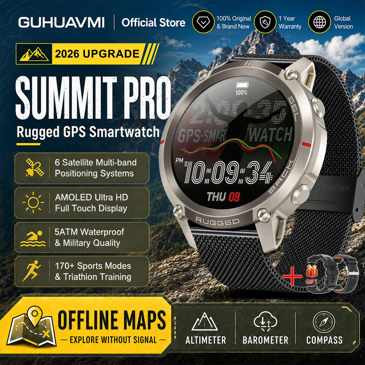 Montre connectée outdoor AMOLED — GPS, cartes hors ligne et 5 ATM annoncés
