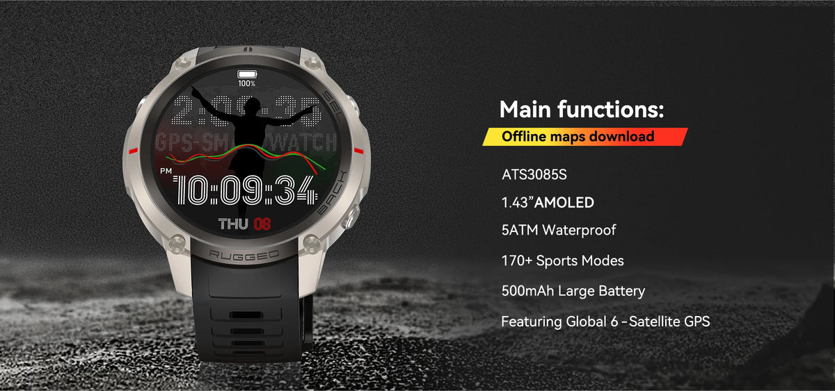 Montre connectée outdoor AMOLED — GPS, cartes hors ligne et 5 ATM annoncés