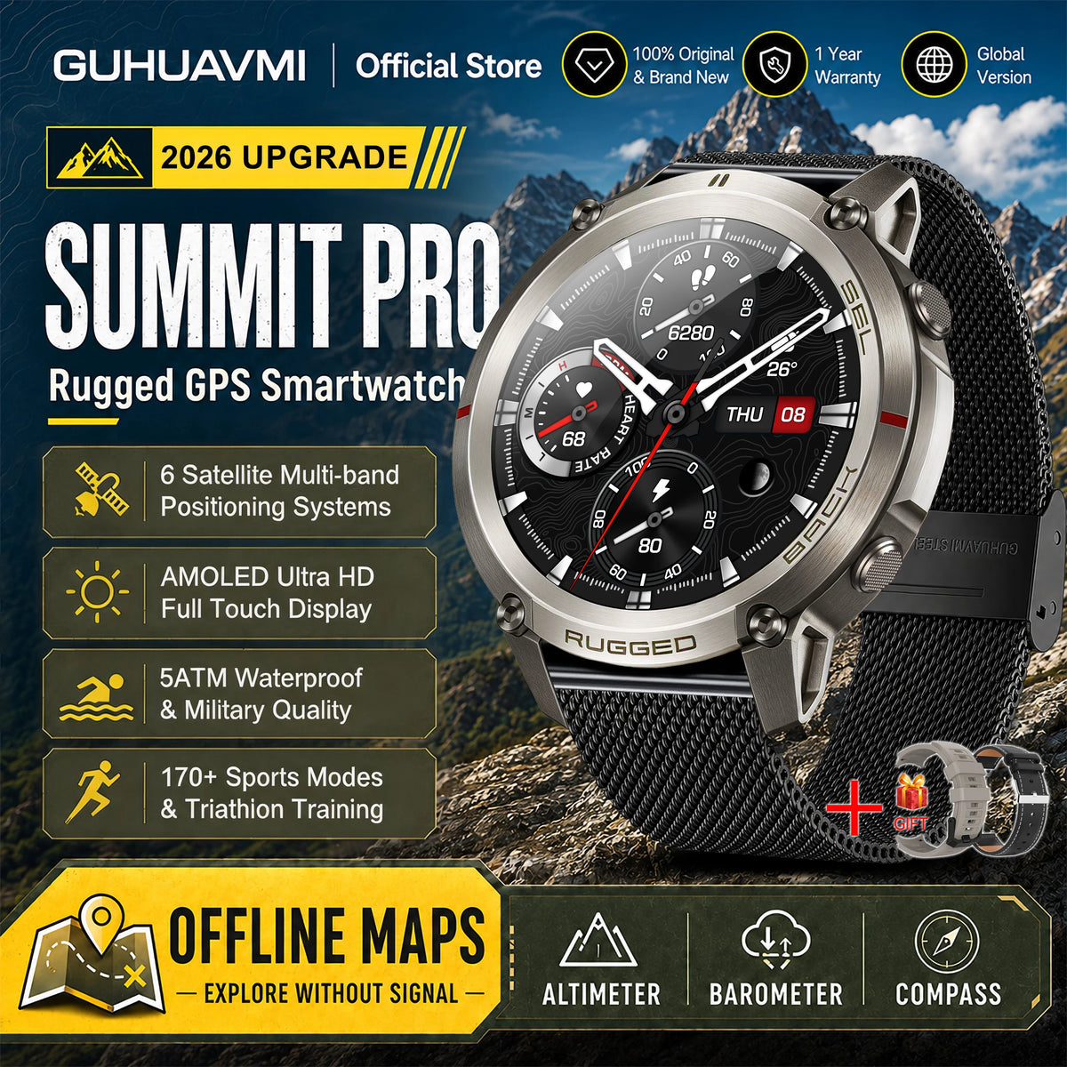 Montre connectée outdoor AMOLED — GPS, cartes hors ligne et 5 ATM annoncés
