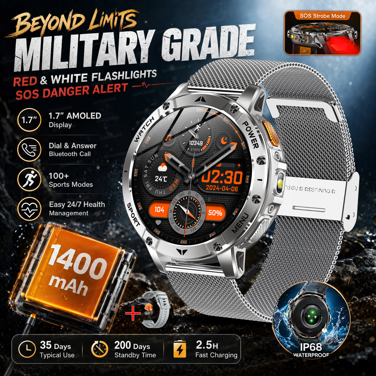 Montre connectée outdoor — 10 ATM annoncés, lampe LED et appels Bluetooth