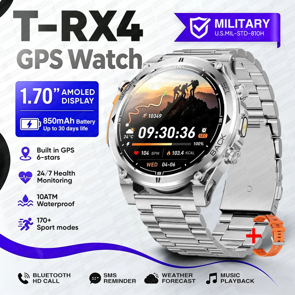Montre connectée outdoor T‑RX4 — GPS, AMOLED et étanchéité 10 ATM annoncée