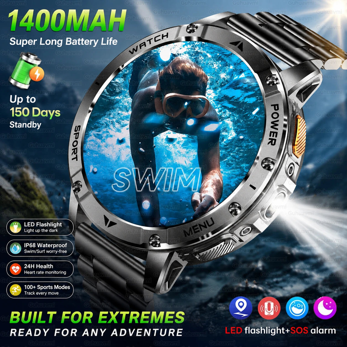Montre connectée outdoor — 10 ATM annoncés, lampe LED et appels Bluetooth