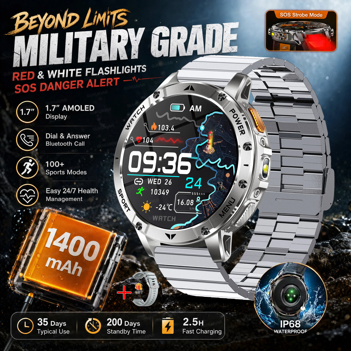 Montre connectée outdoor — 10 ATM annoncés, lampe LED et appels Bluetooth