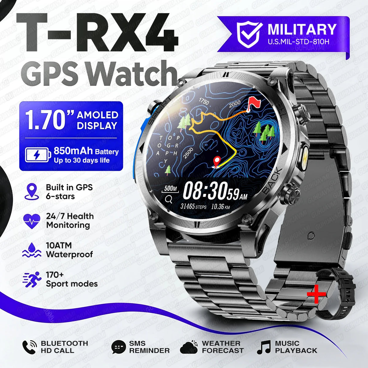 Montre connectée outdoor T‑RX4 — GPS, AMOLED et étanchéité 10 ATM annoncée