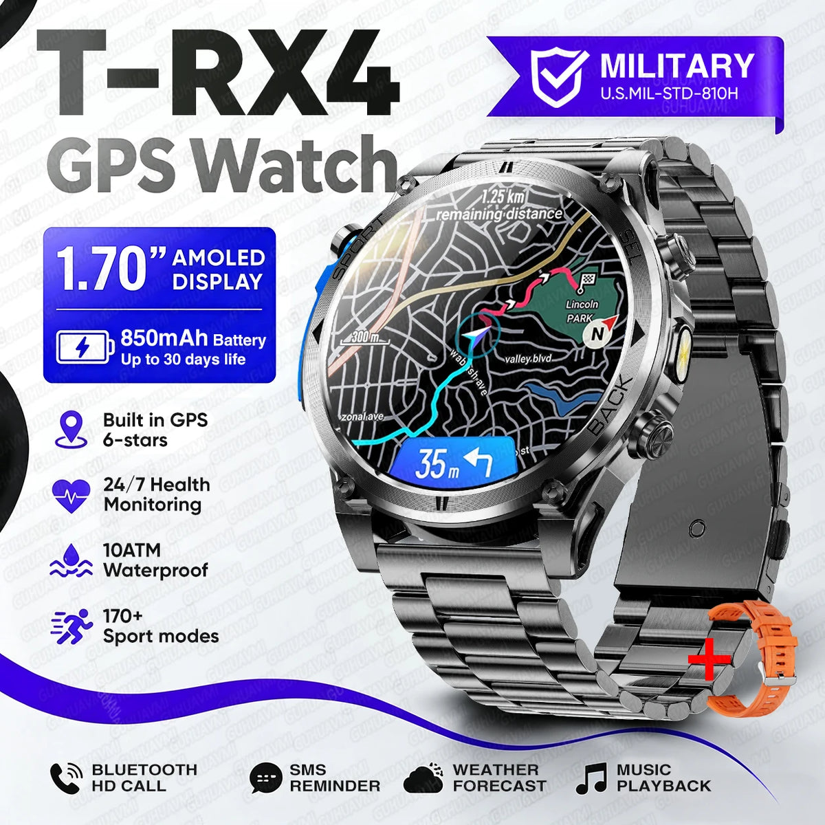 Montre connectée outdoor T‑RX4 — GPS, AMOLED et étanchéité 10 ATM annoncée