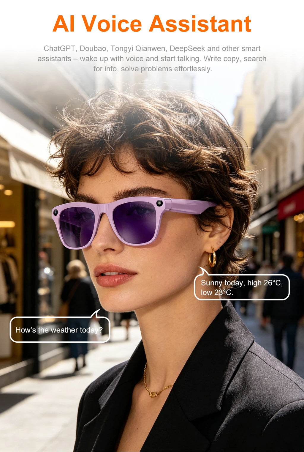 Lunettes connectées IA avec caméra, traduction et appels Bluetooth — version 800W