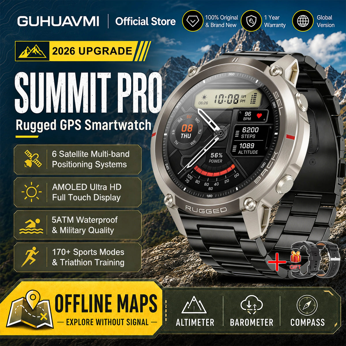 Montre connectée outdoor AMOLED — GPS, cartes hors ligne et 5 ATM annoncés