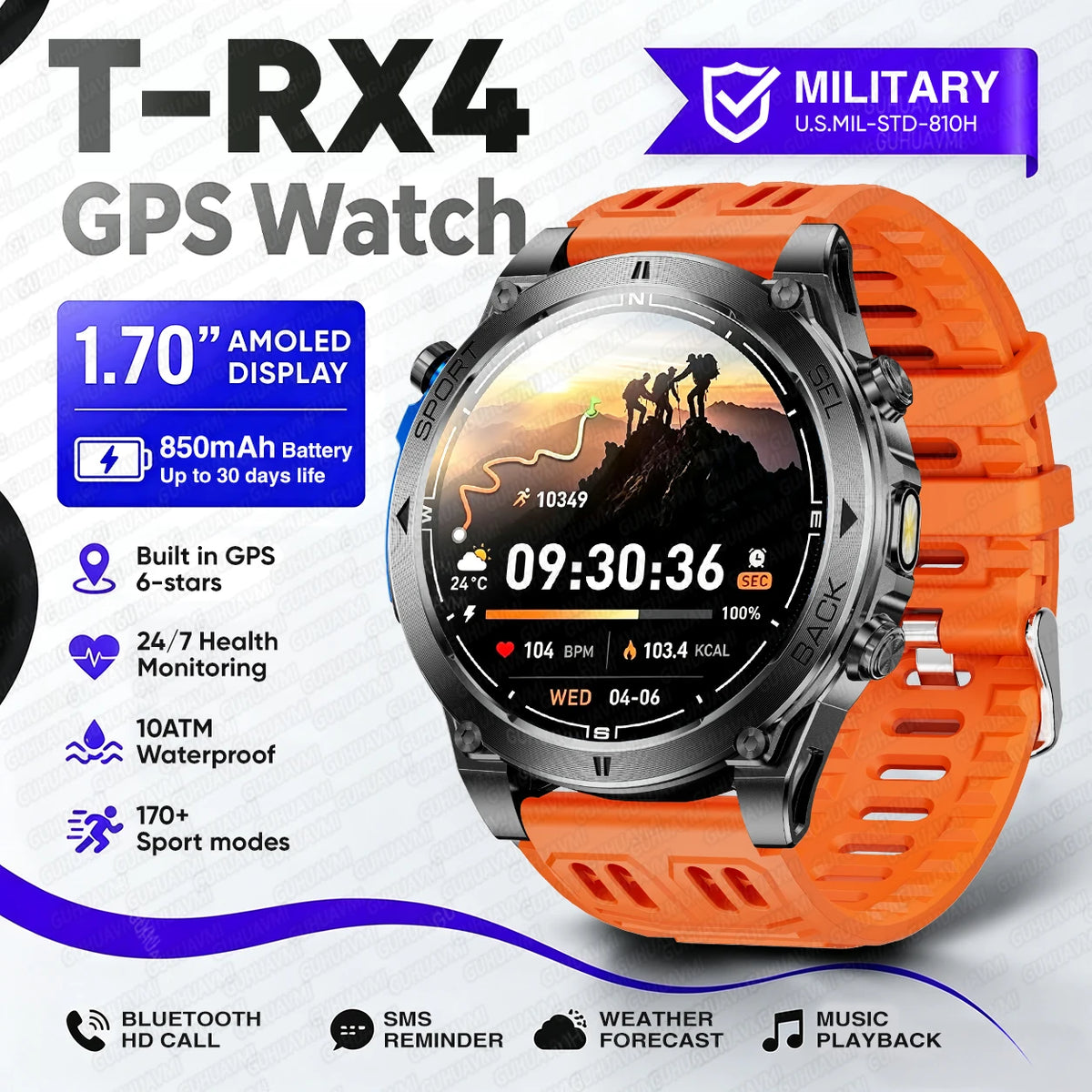 Montre connectée outdoor T‑RX4 — GPS, AMOLED et étanchéité 10 ATM annoncée
