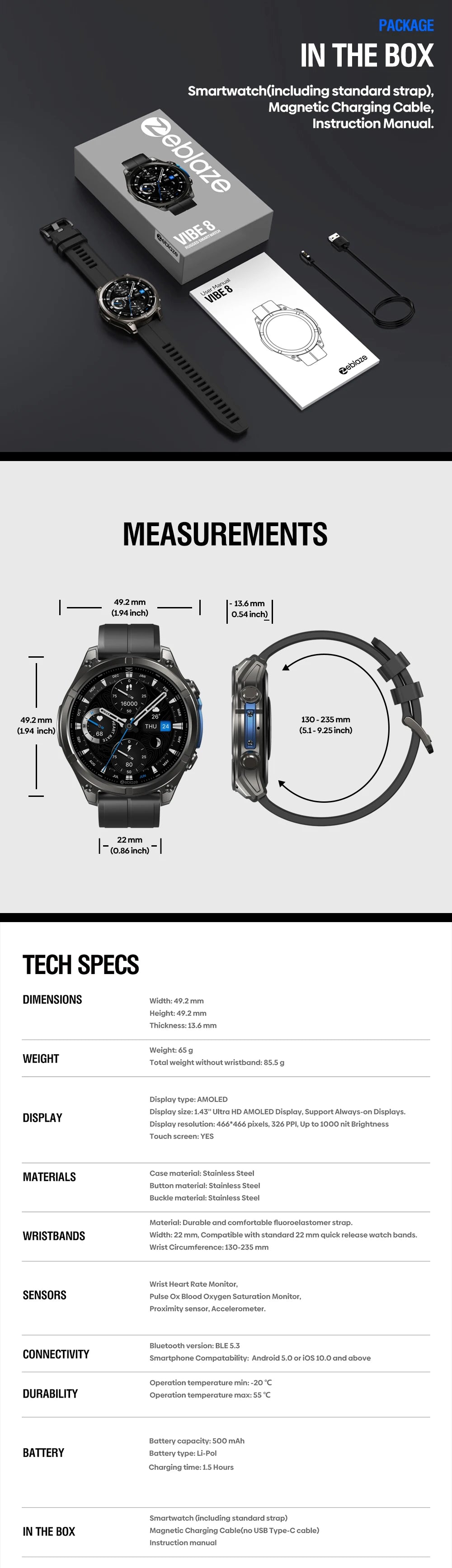 Montre connectée Zeblaze VIBE 8 — AMOLED, appels Bluetooth et lampe intégrée