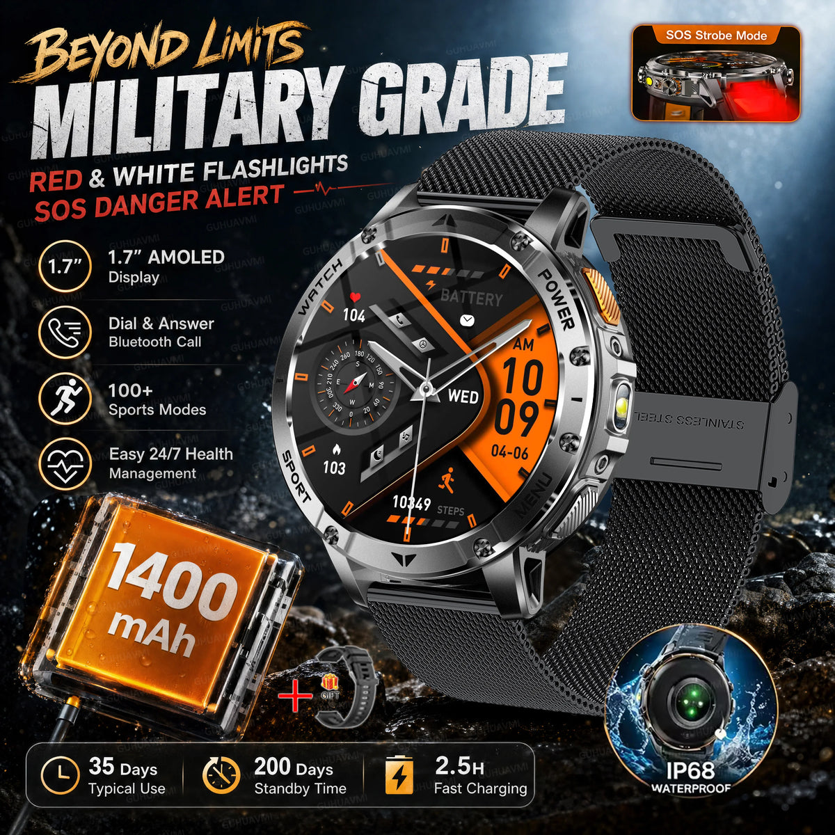 Montre connectée outdoor — 10 ATM annoncés, lampe LED et appels Bluetooth