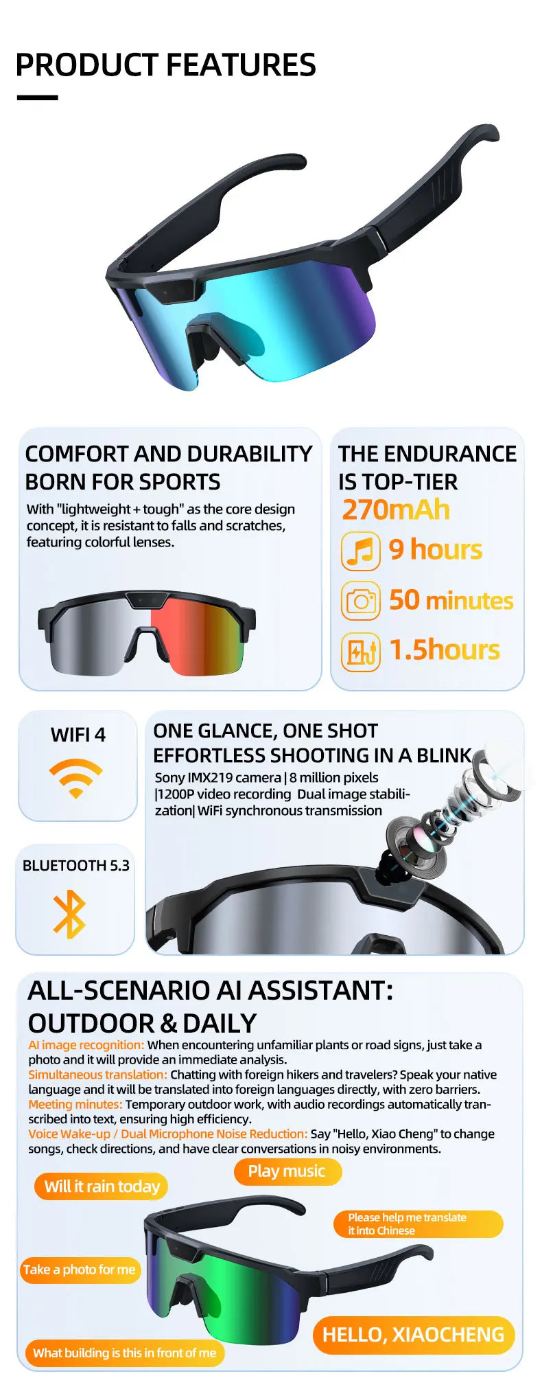 Lunettes connectées sport avec caméra 30 MP annoncée, vidéo 4K et stockage 32 Go