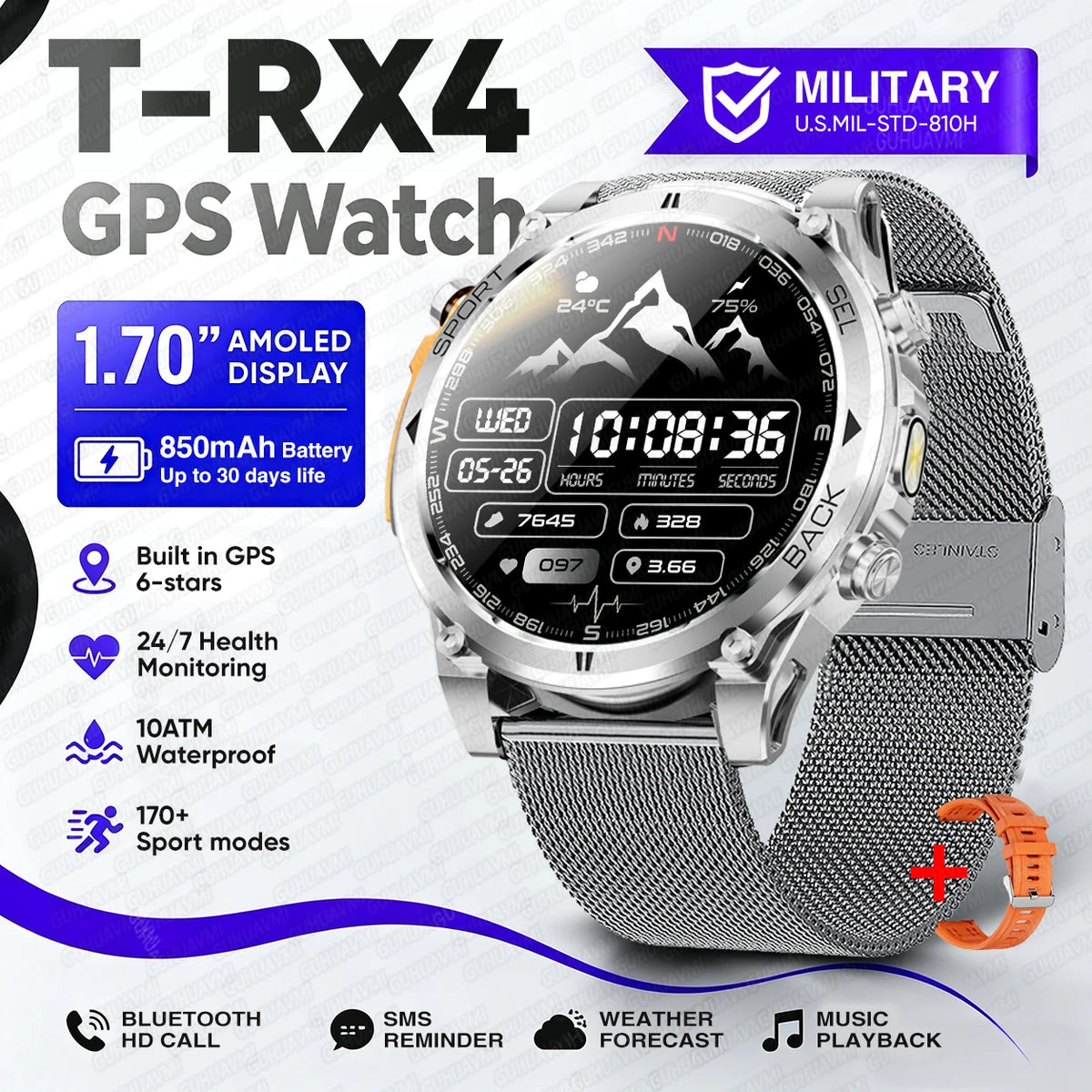 Montre connectée outdoor T‑RX4 — GPS, AMOLED et étanchéité 10 ATM annoncée