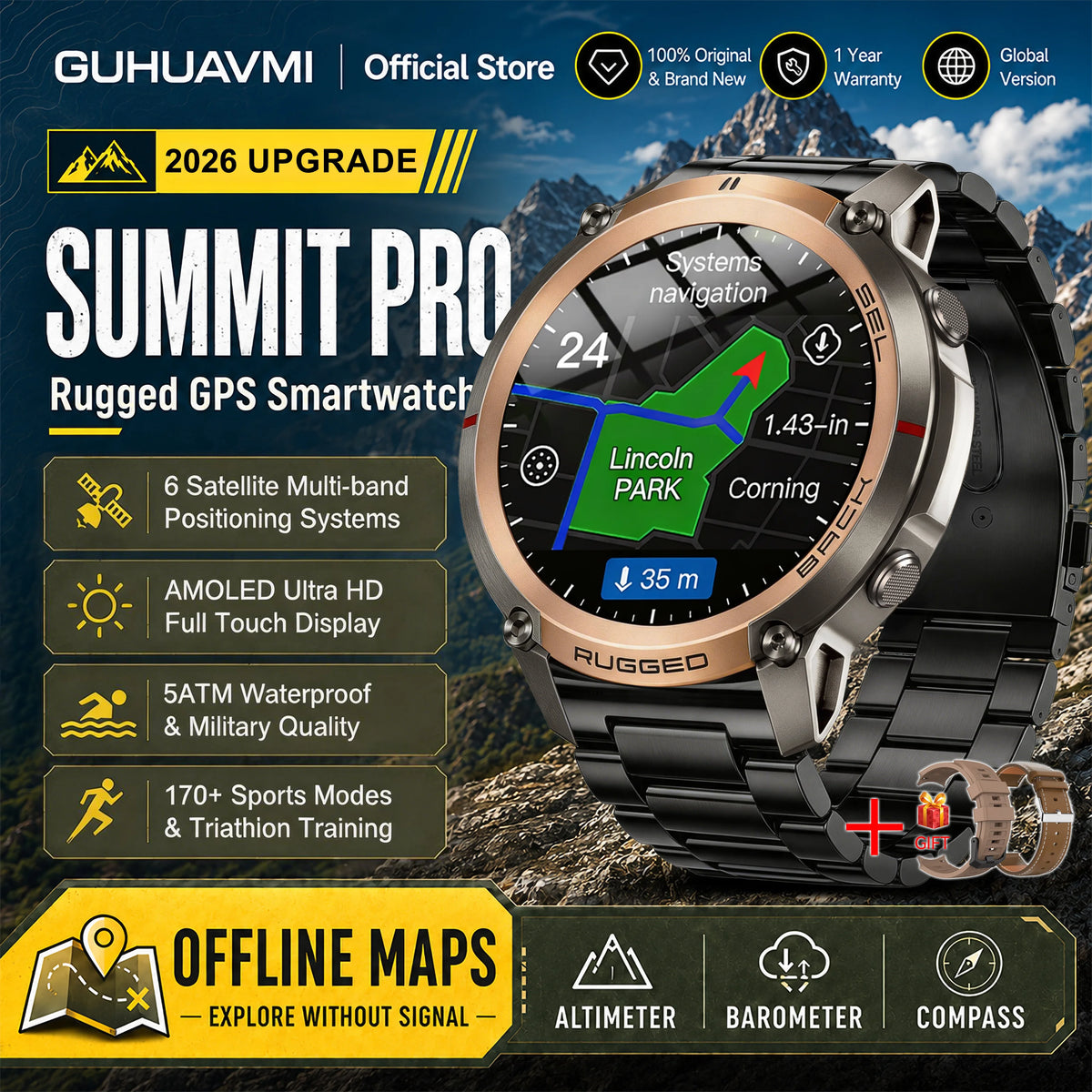 Montre connectée outdoor AMOLED — GPS, cartes hors ligne et 5 ATM annoncés