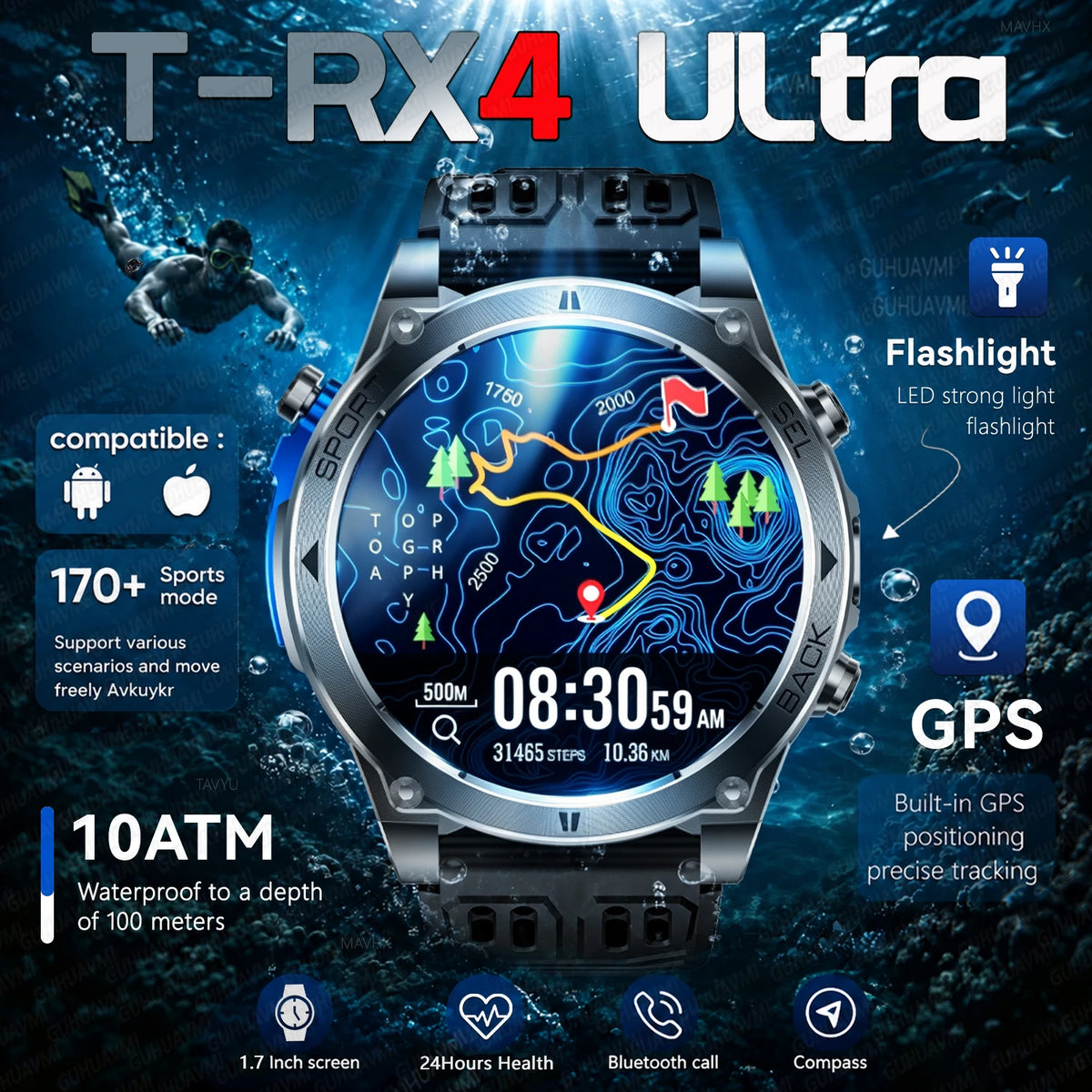 Montre connectée outdoor T‑RX4 — GPS, AMOLED et étanchéité 10 ATM annoncée