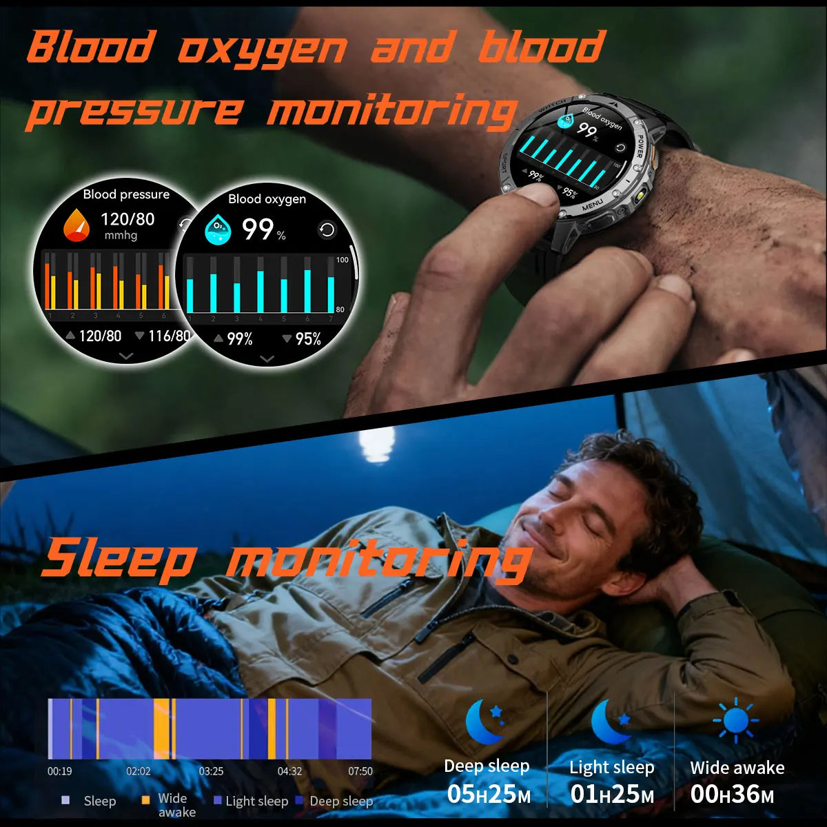 Montre connectée outdoor — 10 ATM annoncés, lampe LED et appels Bluetooth