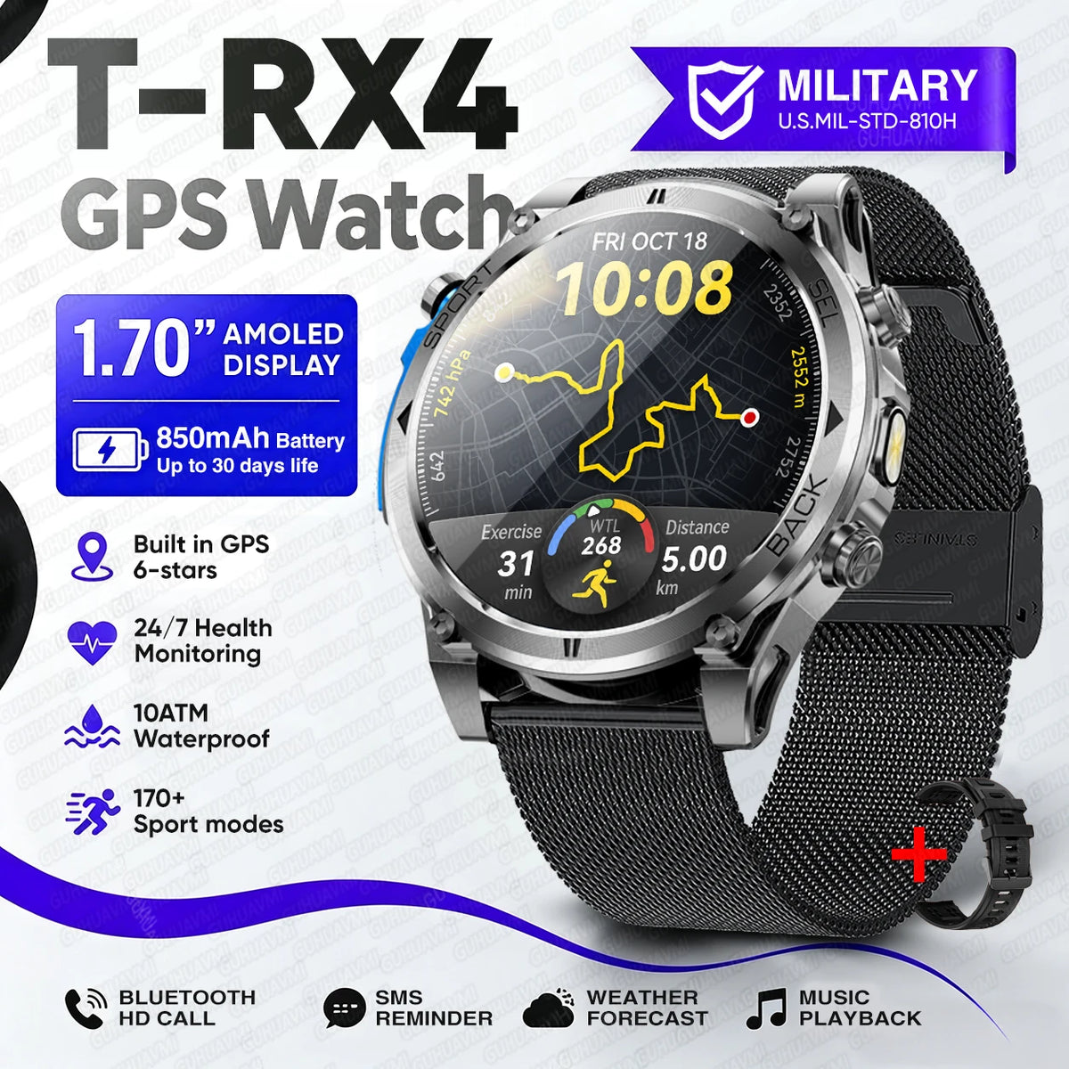 Montre connectée outdoor T‑RX4 — GPS, AMOLED et étanchéité 10 ATM annoncée