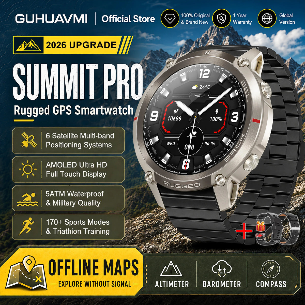 Montre connectée outdoor AMOLED — GPS, cartes hors ligne et 5 ATM annoncés