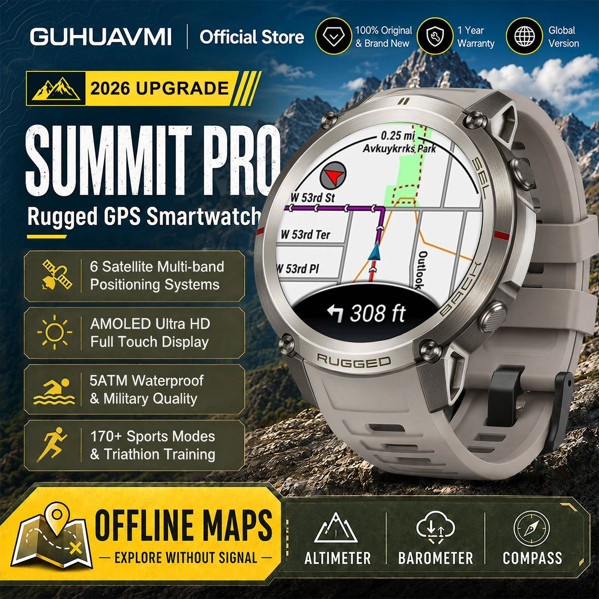 Montre connectée outdoor AMOLED — GPS, cartes hors ligne et 5 ATM annoncés
