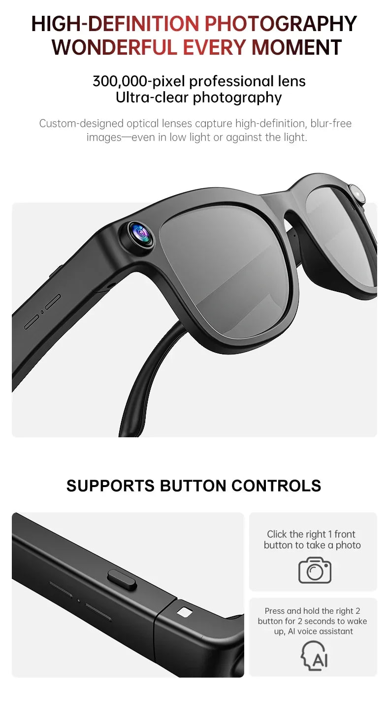 Lunettes connectées IA avec caméra, traduction et appels Bluetooth — version 1600W