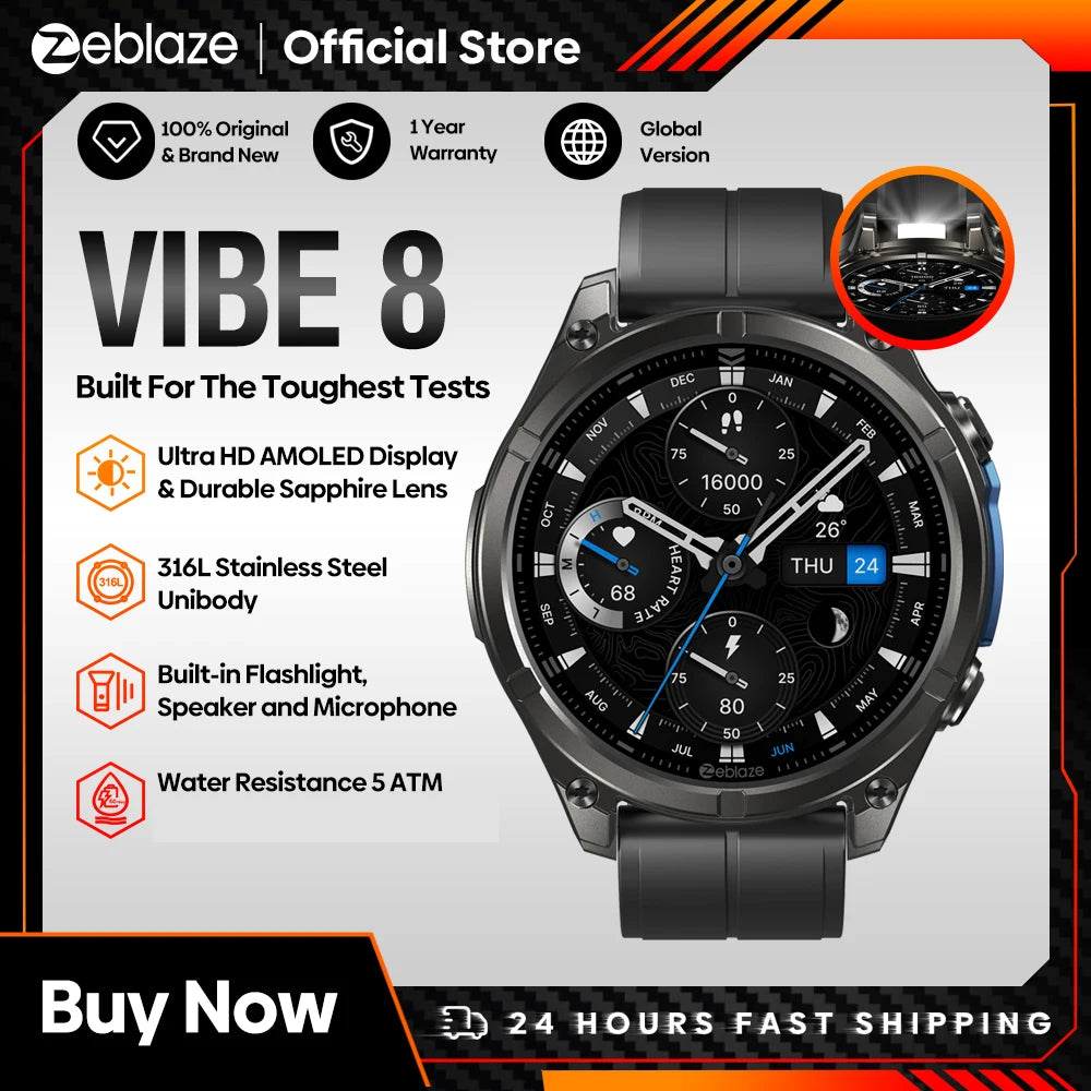 Montre connectée Zeblaze VIBE 8 — AMOLED, appels Bluetooth et lampe intégrée