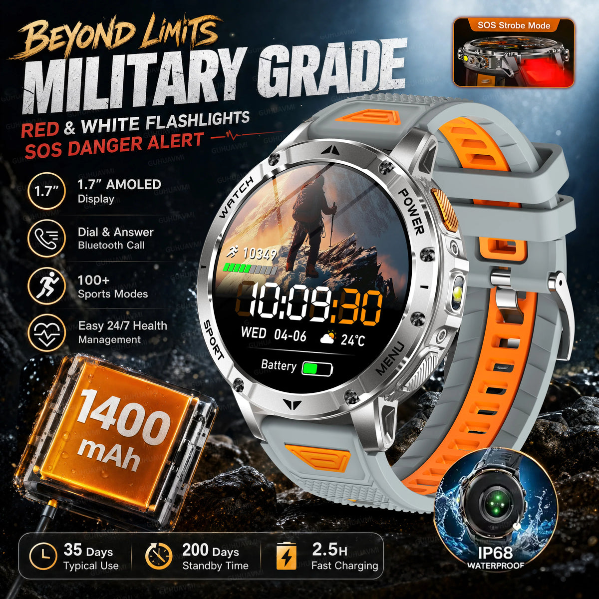 Montre connectée outdoor — 10 ATM annoncés, lampe LED et appels Bluetooth