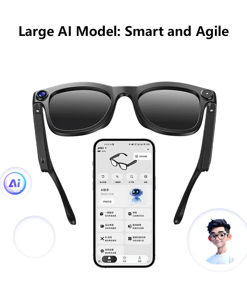 Lunettes connectées avec caméra 4K, audio Bluetooth et traduction — version 800W
