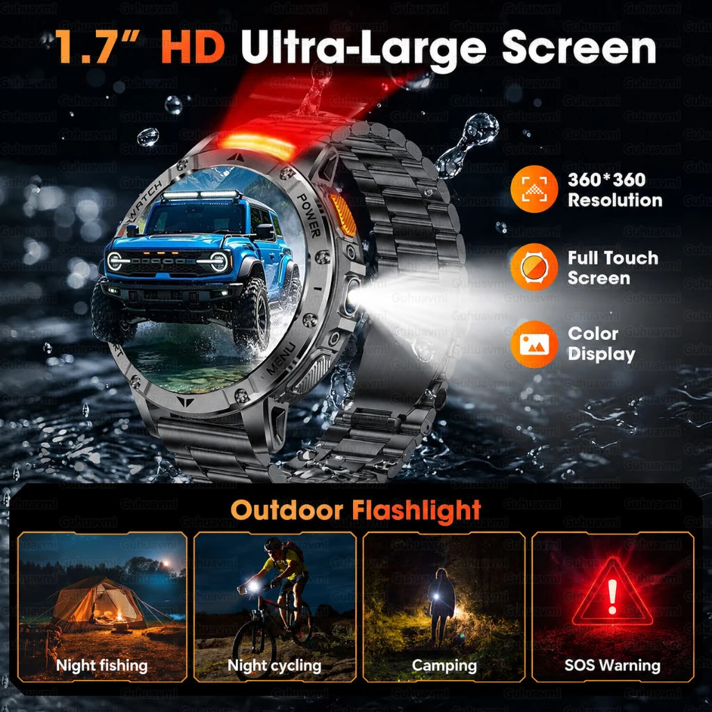 Montre connectée outdoor — 10 ATM annoncés, lampe LED et appels Bluetooth