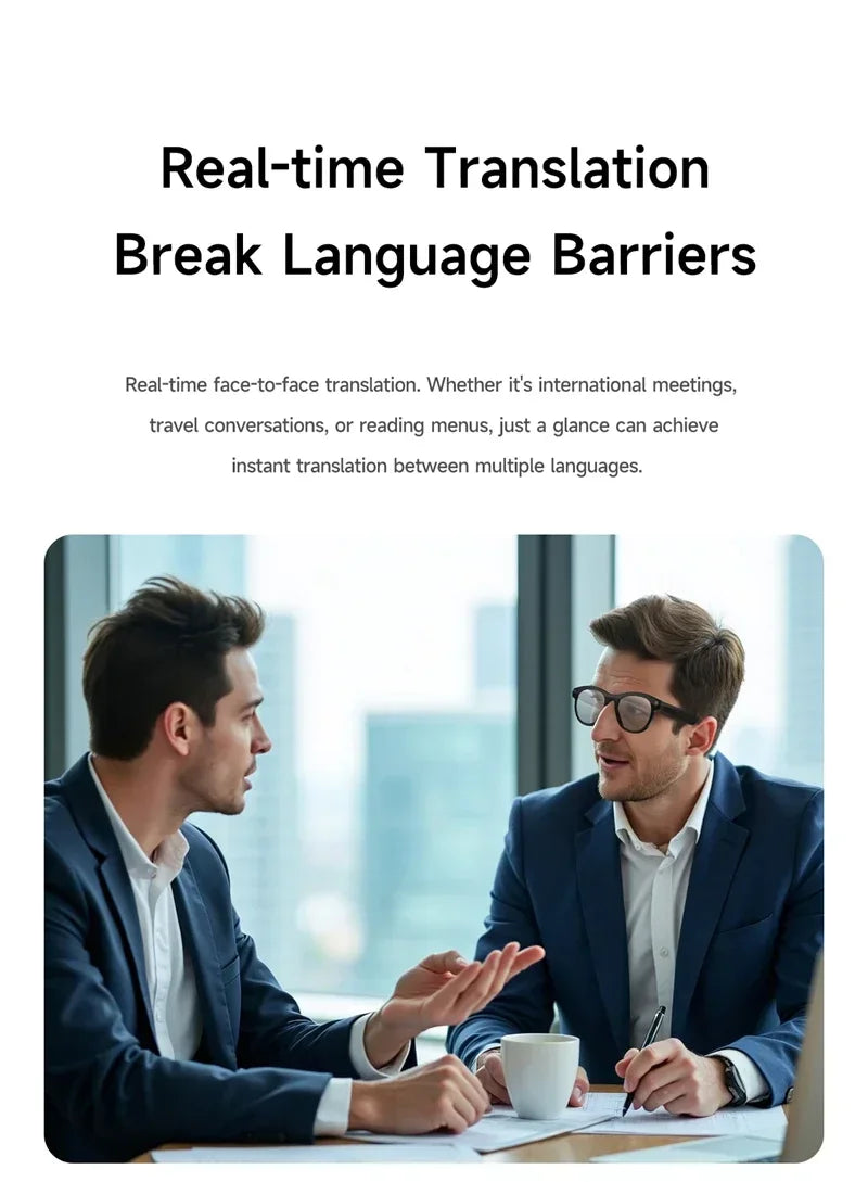 Lunettes connectées IA avec caméra, audio Bluetooth et traduction