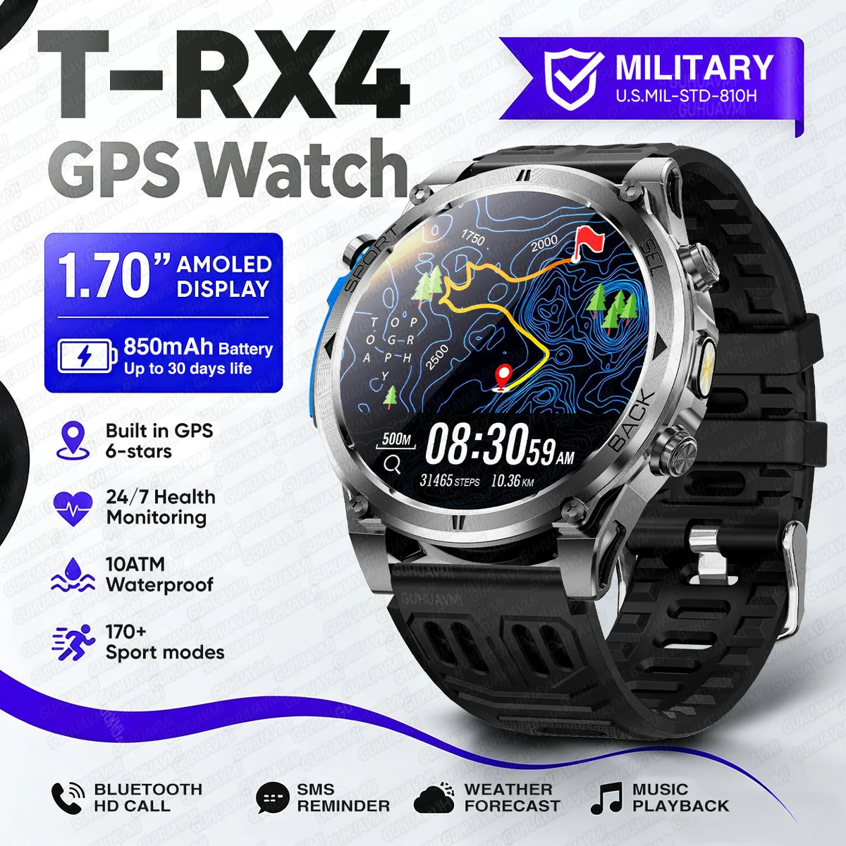 Montre connectée outdoor T‑RX4 — GPS, AMOLED et étanchéité 10 ATM annoncée